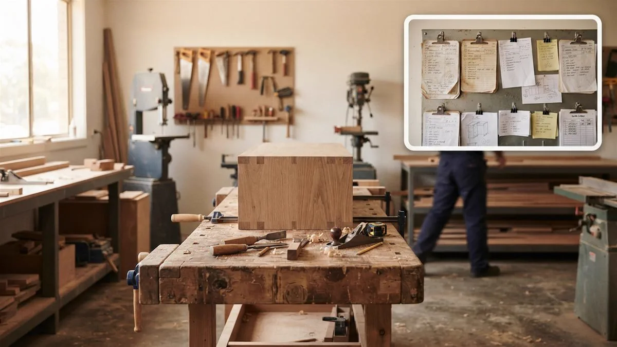 A workshop floor in use, with tools and a part-finished job